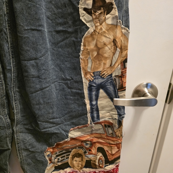 Denim Patchwork Overalls with Red Bandana Pockets - Picture 4 of 6